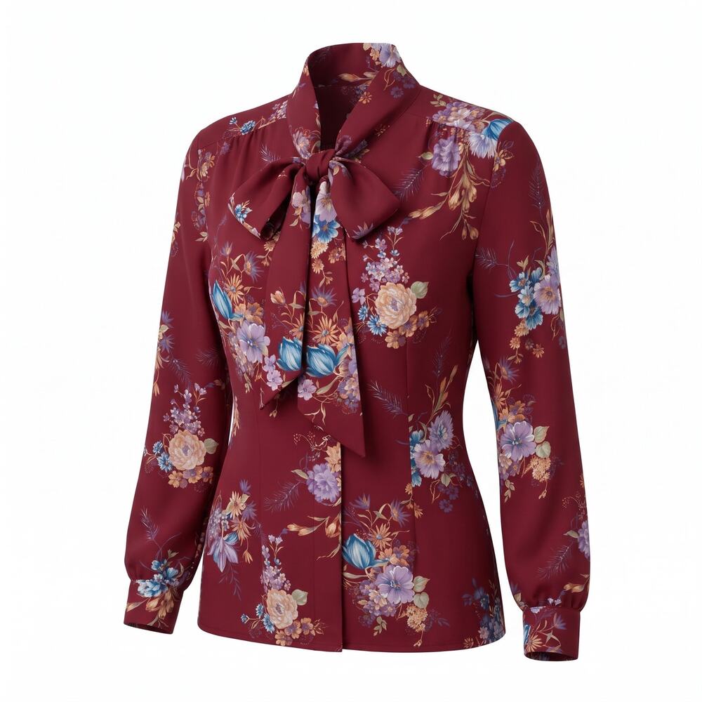 Vintage Lady Manhattan Floral Tie Bow Blouse Burgundy Secretary 70s Medium